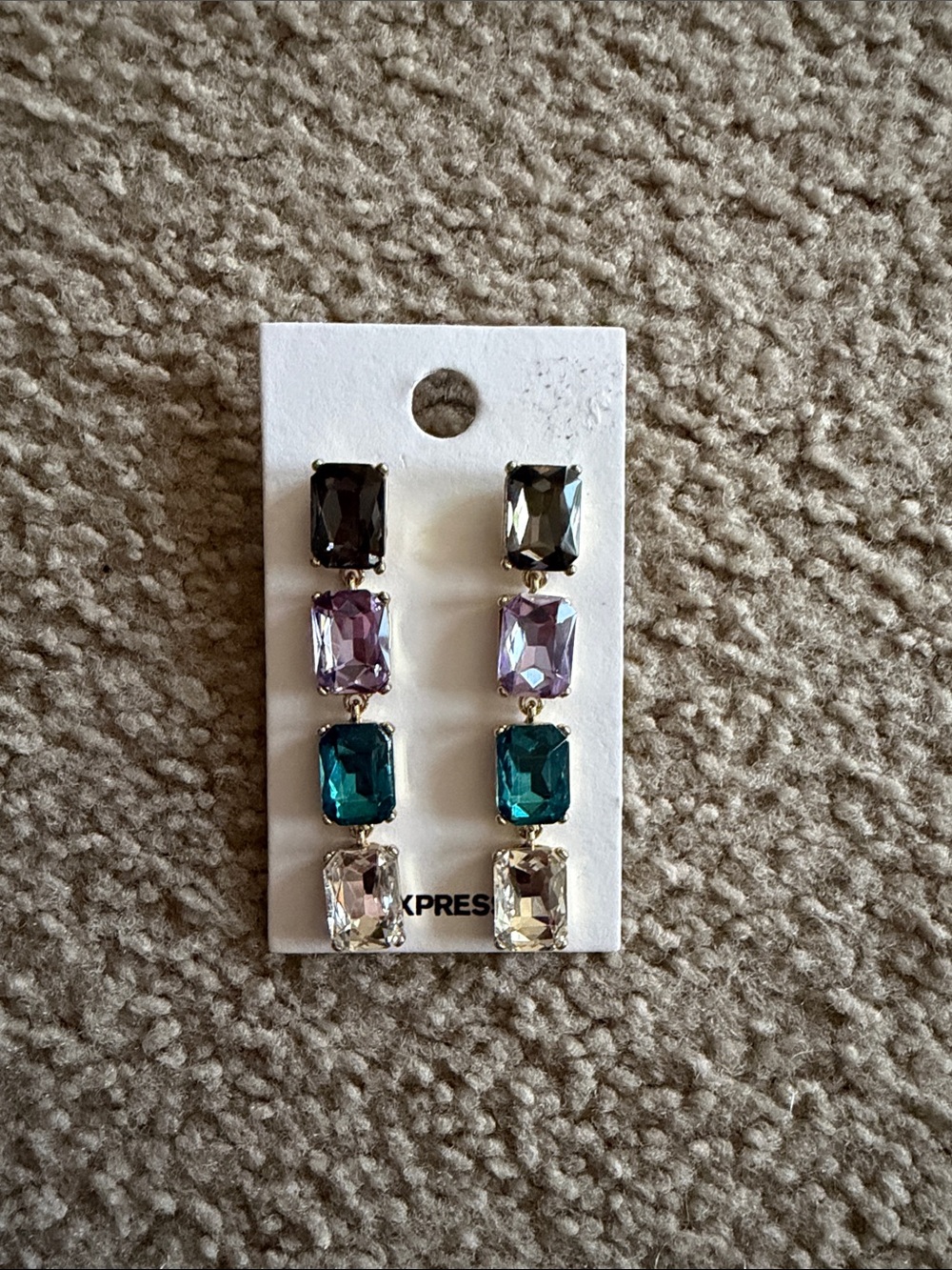 Express Rectangular Gem Drop Earrings in Black, Purple, Teal & Clear